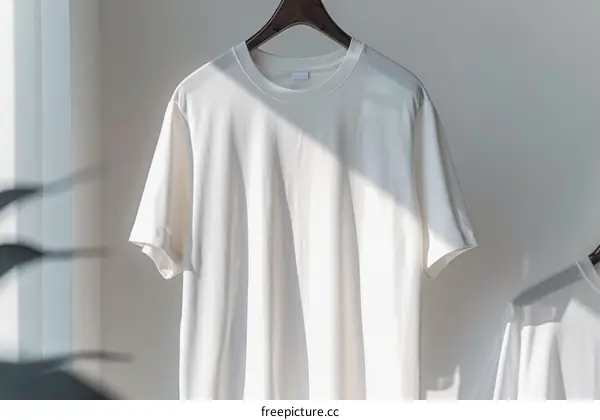 White T-shirt on a hanger in front of a white background