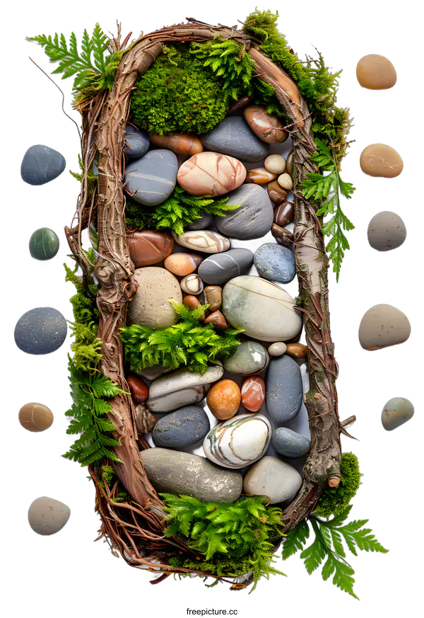 [Transparent Background PNG]Stone and Fern Arrangement in a Wooden Frame