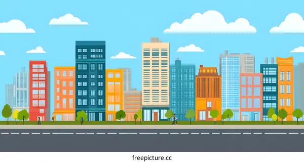 Cityscape Illustration With Colorful Buildings And People Walking