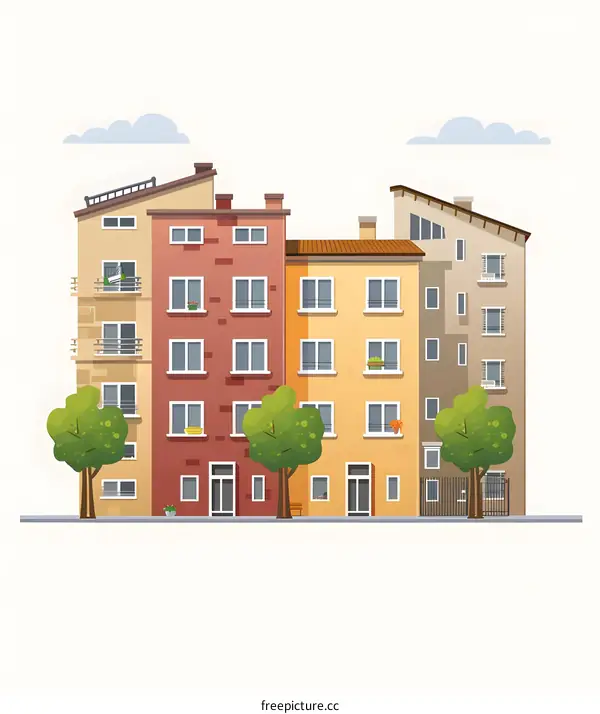 Illustration of Colorful Buildings with Trees