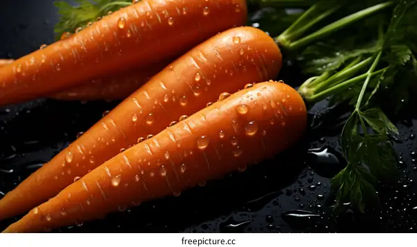 Fresh carrots with water drops on a black background