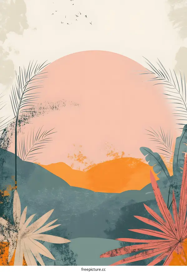 Minimalist Tropical Landscape with Palm Leaves and Sunset