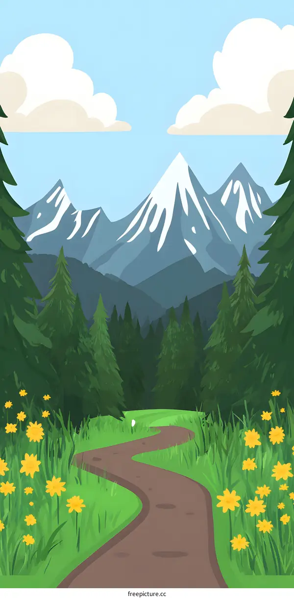 Mountain Path With Yellow Flowers Landscape Illustration