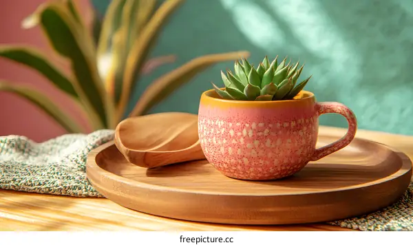 Succulent Plant in Pink Ceramic Cup on Wooden Tray