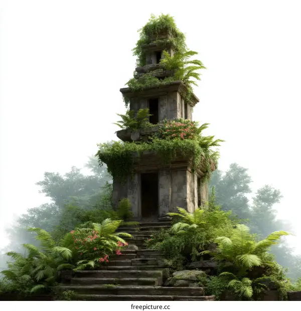 Ancient overgrown tower in a lush forest
