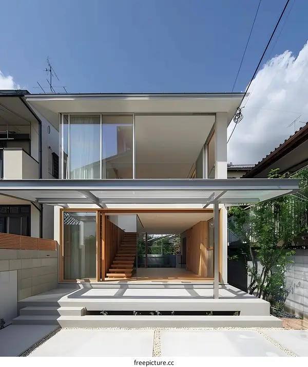 Modern Japanese House with Glass Doors and Wooden Stairs