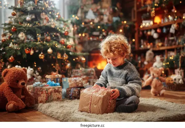 Christmas Day Gift Opening by a Child