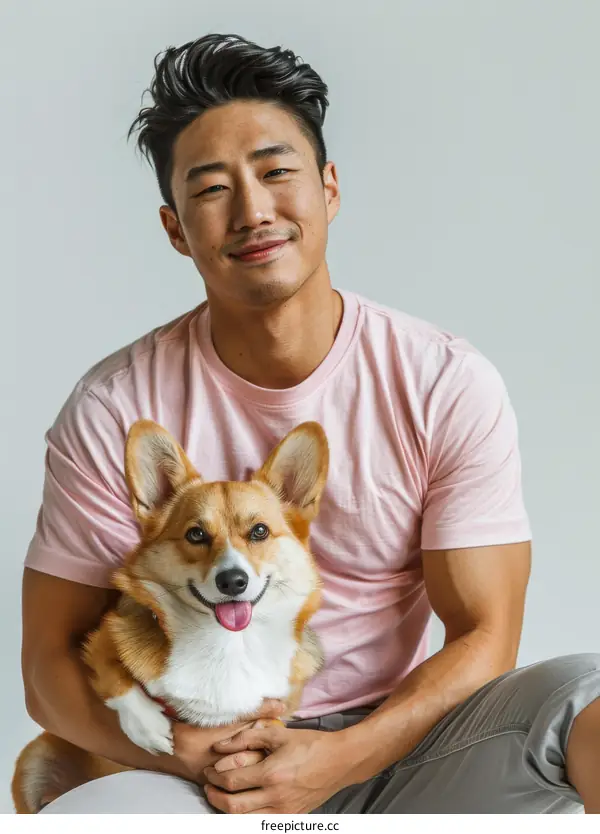 Asian man with short black hair and brown eyes smiling while holding a smiling corgi dog in his arms