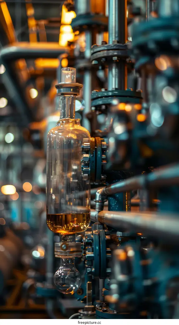 Close-up of a glass flask in a chemical plant