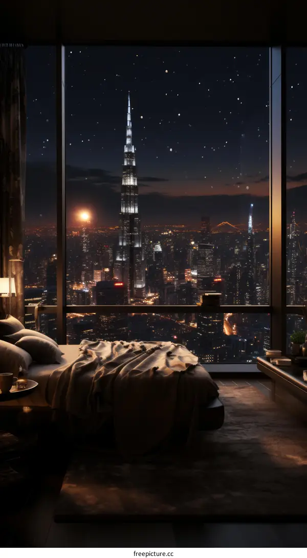 Bedroom with a view of the night city