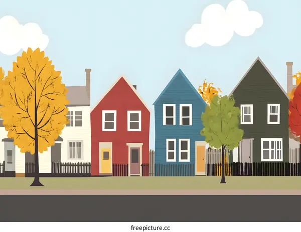 Illustrated Row Of Houses with Autumn Trees