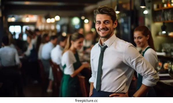 Confident business owner standing in front of his employees