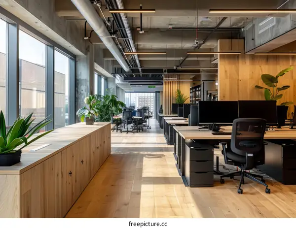 Contemporary Green Office Space with Reclaimed Wood and Plants