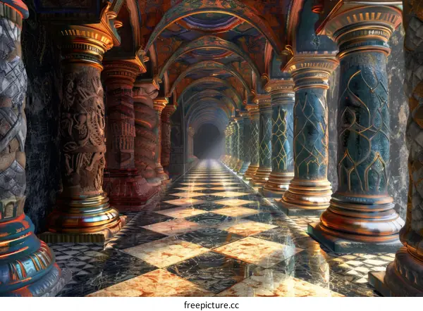 Ornate Hallway with Marble Floor and Colorful Columns