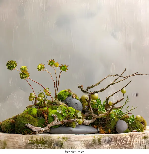 Green Moss Arrangement With Stones and Branches