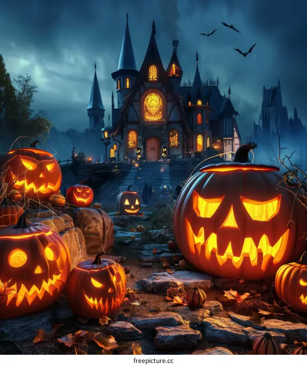 Spooky Halloween Night with Haunted House and Jack-o'-Lanterns