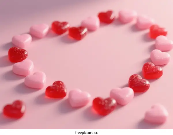 Heart Shaped Pink and Red Candy Arrangement on Light Pink Background