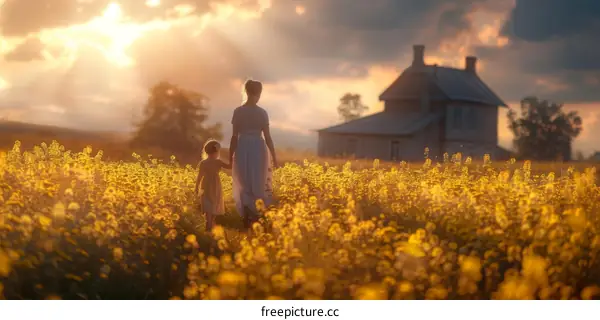 Mother and daughter walking in a field of flowers at sunset
