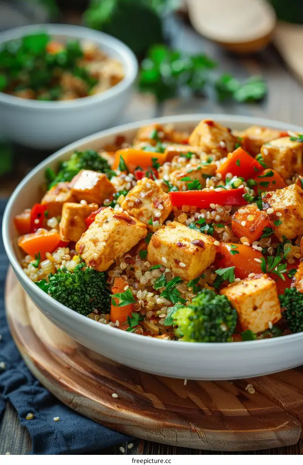 Vegan Buddha Bowl with Crispy Tofu, Vegetables and Quinoa