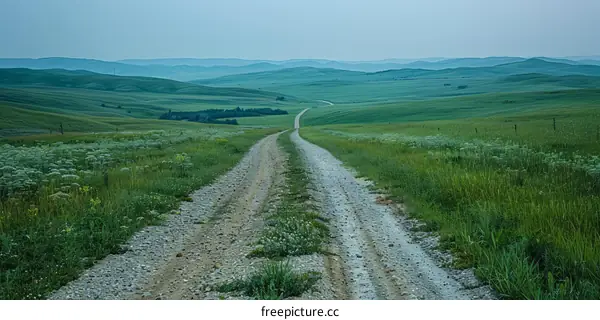 Dirt road through a lush green grassy field with distant mountains