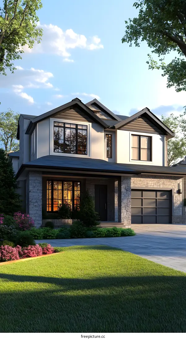 Modern House with Stone Facade and Green Lawn