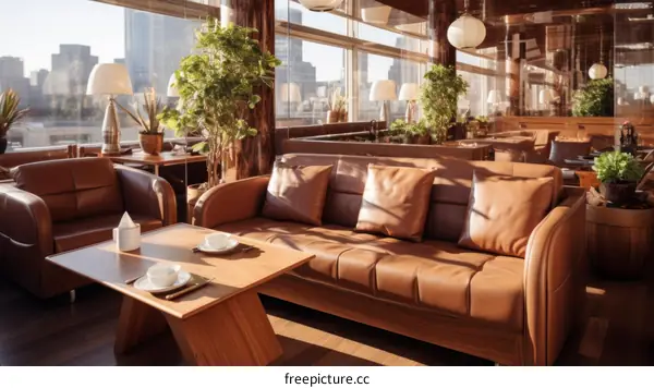 Luxurious restaurant interior with city view
