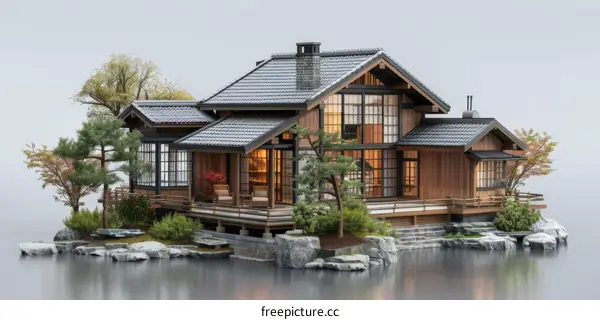Japanese Style House on Island with Garden