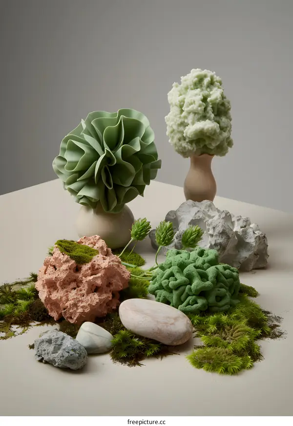 Abstract Still Life with Green Flowers and Rocks