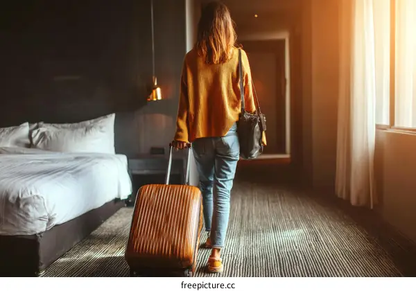 Woman with Luggage Leaving Hotel Room