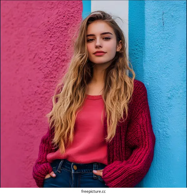 Young Woman In Red Sweater Posing Against Colorful Wall