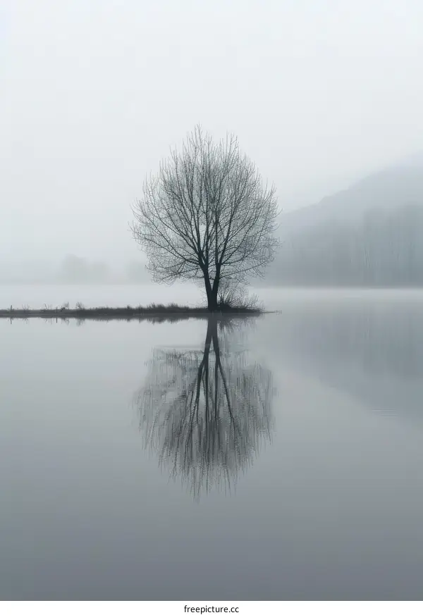 Solitary Tree in a Misty Lake