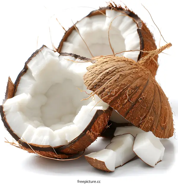 Fresh cracked coconut isolated on white background