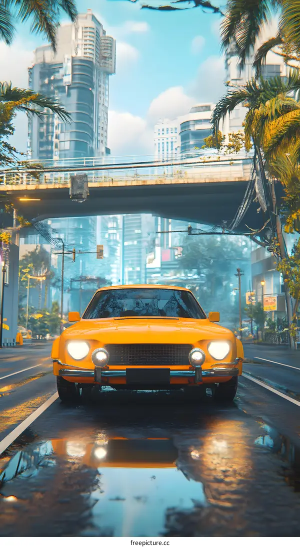 Vintage Yellow Car Driving Through Modern Cityscape