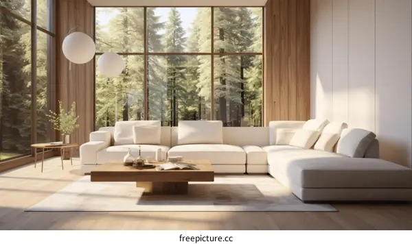 A modern living room with a large windows