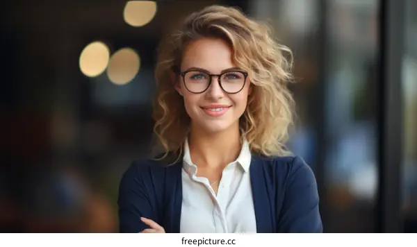 portrait of a smiling young businesswoman with glasses