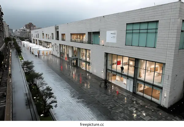 Modern Art Exhibition Center on a Rainy Day