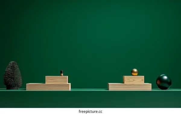 Green Background with Wooden Podiums and Decorative Objects