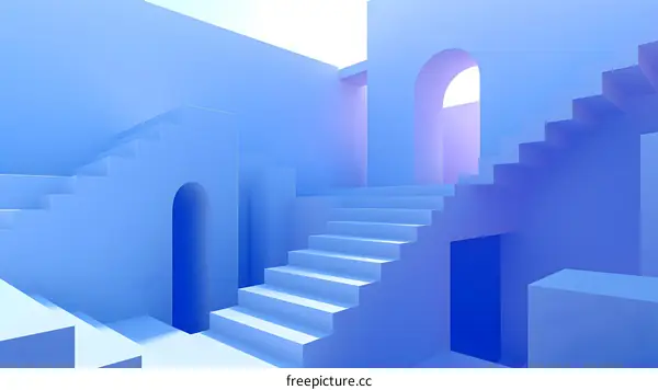 Abstract Blue Minimalist Architecture with Stairs and Arch