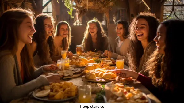 A group of friends are laughing and enjoying a meal together