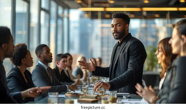 Black businessman giving presentation to colleagues in modern office