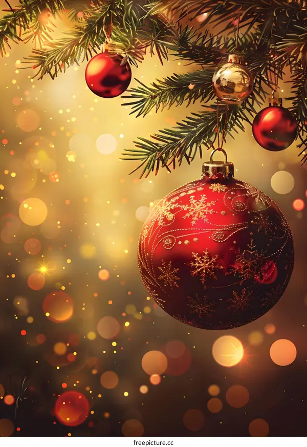 Red Christmas ball hanging on a fir tree branch with bokeh lights in the background