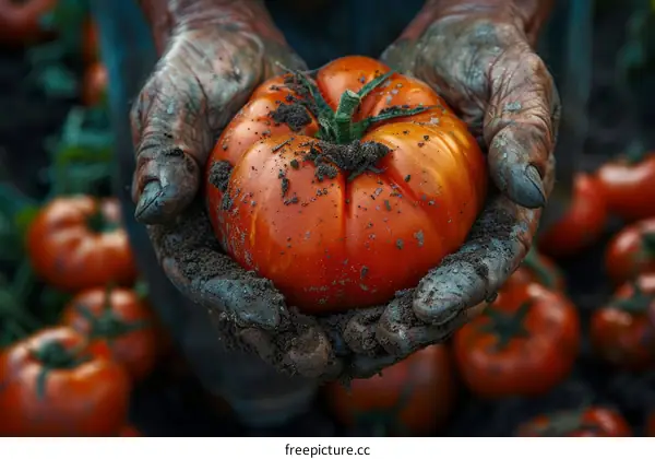 A farmer holding a tomato in his hands