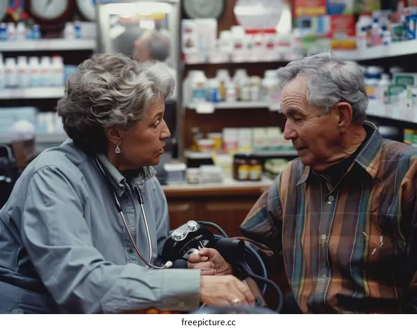 Senior woman getting blood pressure checked by pharmacist in drugstore