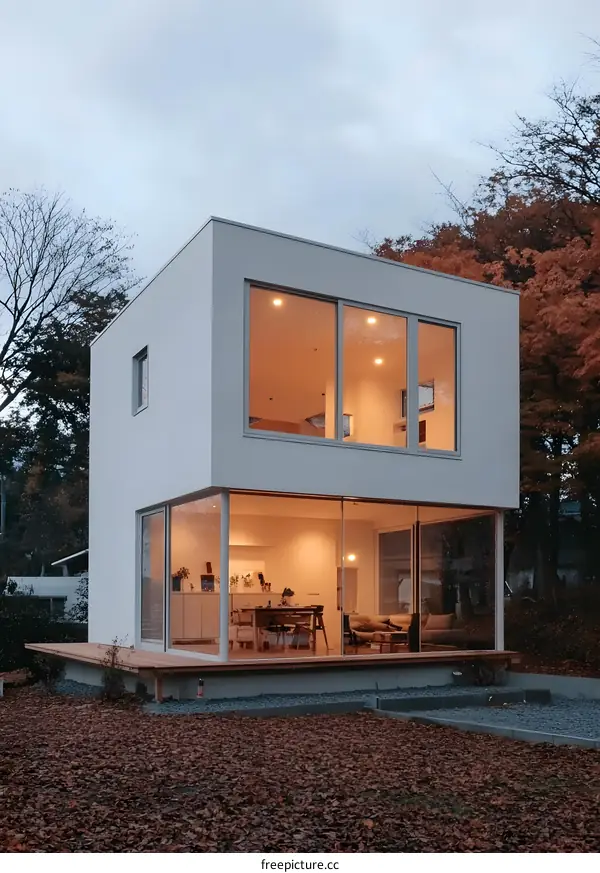 Modern Minimalist House with Large Glass Windows and a Wooden Deck