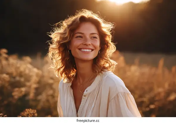 Happy woman with curly hair smiling in golden hour field