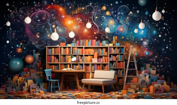A surreal library with bookshelves made of colorful blocks and a starry night sky painted on the walls