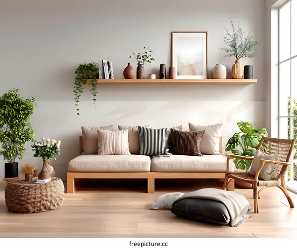 Modern Wooden Living Room with Plants and Cushions