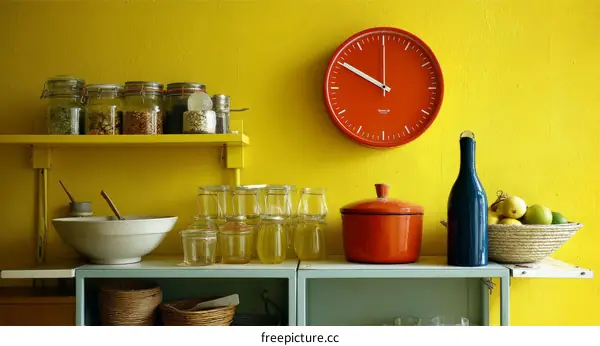 Colorful Kitchen Decor with Yellow Walls and Red Clock