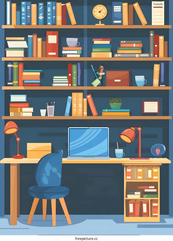 Cartoon Illustration of a Home Office with Bookshelves