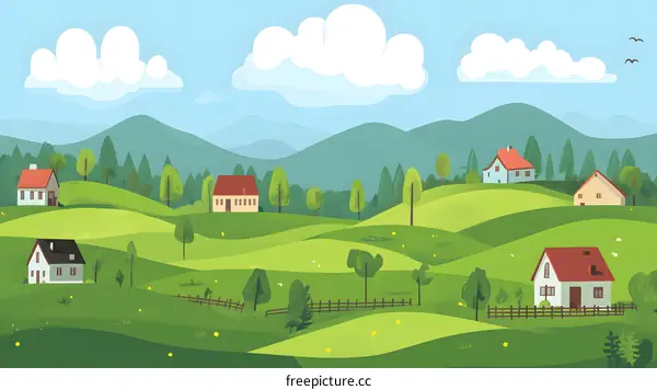 Illustration of Green Rolling Hills with Houses